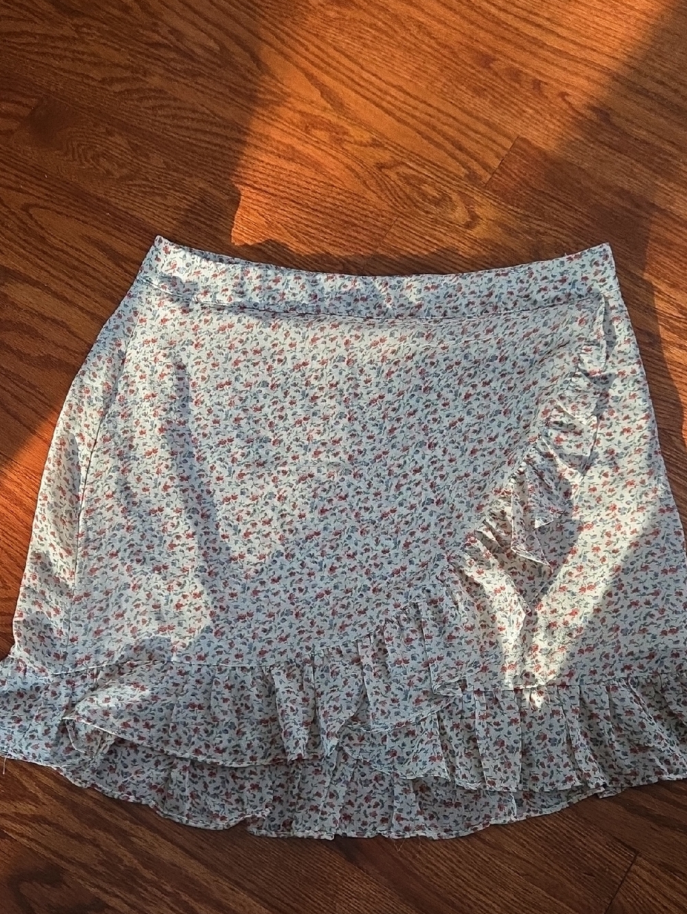 Windsor Light Blue Floral Ruffle Wrap Mini Skirt